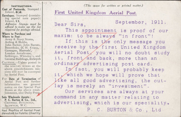 141301  1911 FIRST U.K. AERIAL POST LONDON POSTCARD IN OLIVE-GREEN TO LONDON WITH 'P. C. BURTON & CO., LTD' ADVERTISING ADVERT.