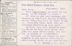 141301  1911 FIRST U.K. AERIAL POST LONDON POSTCARD IN OLIVE-GREEN TO LONDON WITH 'P. C. BURTON & CO., LTD' ADVERTISING ADVERT.