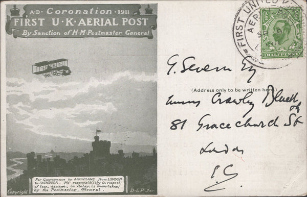 141301  1911 FIRST U.K. AERIAL POST LONDON POSTCARD IN OLIVE-GREEN TO LONDON WITH 'P. C. BURTON & CO., LTD' ADVERTISING ADVERT.