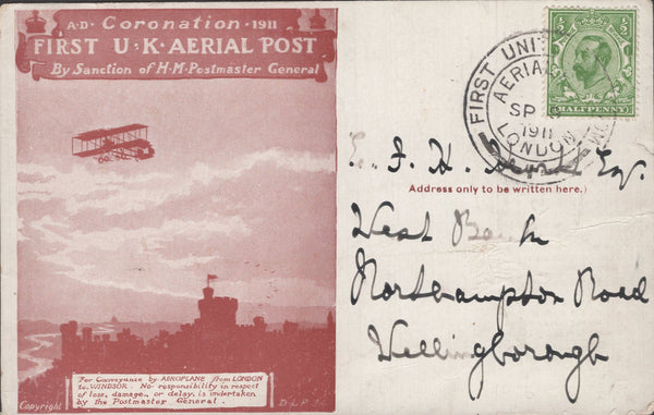 141302 1911 FIRST U.K. AERIAL POST LONDON POSTCARD IN RED-BROWN TO WELLINGBOROUGH WITH 'D.H. EVANS AND CO. ' HANDSTAMP ON REVERSE.