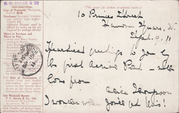 141302 1911 FIRST U.K. AERIAL POST LONDON POSTCARD IN RED-BROWN TO WELLINGBOROUGH WITH 'D.H. EVANS AND CO. ' HANDSTAMP ON REVERSE.