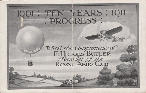 141303 1911 FIRST U.K. AERIAL POST  LONDON POSTCARD IN BROWN TO BRISTOL WITH 'ROYAL AERO CLUB' ADVERT.