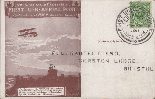 141303 1911 FIRST U.K. AERIAL POST  LONDON POSTCARD IN BROWN TO BRISTOL WITH 'ROYAL AERO CLUB' ADVERT.