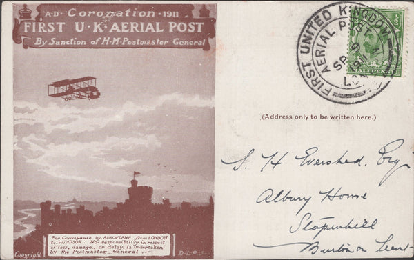 141305 1911 FIRST U.K. AERIAL POST LONDON POSTCARD IN BROWN TO BURTON ON TRENT WITH 'SCHWEPPES LIMITED' ADVERT ON REVERSE.
