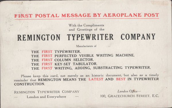 141306 1911 FIRST U.K. AERIAL POST LONDON POSTCARD IN BROWN TO STRATFORD, LONDON WITH 'REMINGTON TYPEWRITER COMPANY, London Office '  ADVERT.