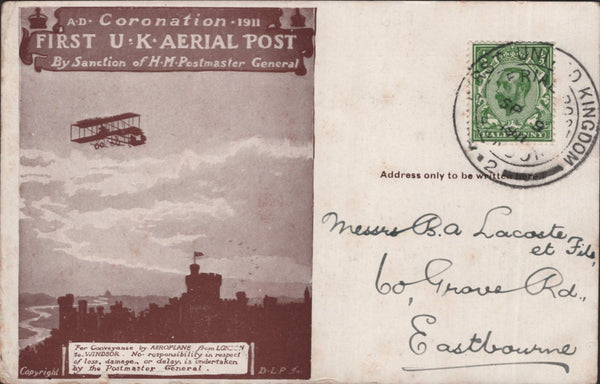 141307 1911 FIRST U.K. AERIAL POST LONDON POSTCARD IN BROWN TO EASTBOURNE WITH 'BUCHANAN'S 'BLACK AND WHITE' SCOTCH WHISKY'  ADVERT.