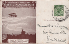 141307 1911 FIRST U.K. AERIAL POST LONDON POSTCARD IN BROWN TO EASTBOURNE WITH 'BUCHANAN'S 'BLACK AND WHITE' SCOTCH WHISKY'  ADVERT.