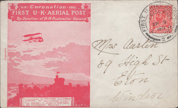 141308 1911 FIRST U.K. AERIAL POST LONDON ENVELOPE IN RED TO ETON, WINDSOR.