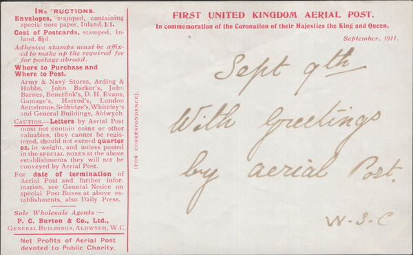 141308 1911 FIRST U.K. AERIAL POST LONDON ENVELOPE IN RED TO ETON, WINDSOR.