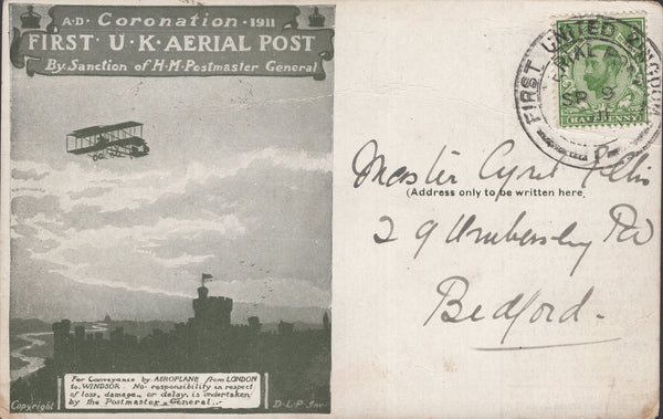 141309 1911 FIRST U.K. AERIAL POST LONDON POSTCARD OLIVE-GREEN TO BEDFORD.