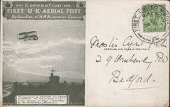 141309 1911 FIRST U.K. AERIAL POST LONDON POSTCARD OLIVE-GREEN TO BEDFORD.