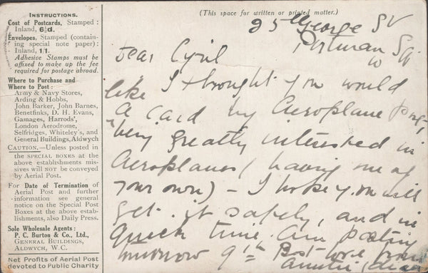 141309 1911 FIRST U.K. AERIAL POST LONDON POSTCARD OLIVE-GREEN TO BEDFORD.