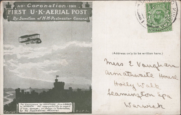 141310 1911 FIRST U.K. AERIAL POST LONDON POSTCARD IN OLIVE-GREEN TO LEAMINGTON SPA, POSTED FROM 'ARDING AND HOBBS'.