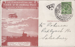 141311 1911 FIRST U.K. AERIAL POST LONDON POSTCARD IN RED-BROWN TO SALISBURY WITH 'S.E/4' TRIANGULAR SORTING HANDSTAMP.