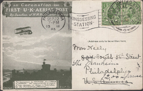 141313 1911 FIRST U.K. AERIAL POST LONDON POSTCARD IN OLIVE-GREEN TO U.S.A. WITH 'PHILADELPHIA' DATE STAMP.