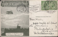 141313 1911 FIRST U.K. AERIAL POST LONDON POSTCARD IN OLIVE-GREEN TO U.S.A. WITH 'PHILADELPHIA' DATE STAMP.
