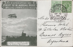 141314 1911 FIRST U.K. AERIAL POST LONDON POSTCARD IN OLIVE-GREEN TO BUENOS AYRES, ARGENTINA.