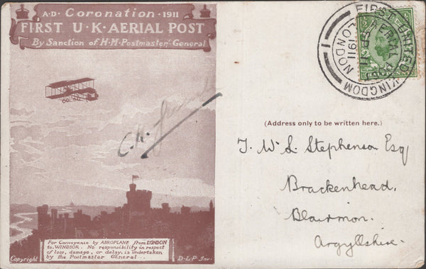 141315 1911 FIRST U.K. AERIAL POST LONDON POSTCARD IN BROWN TO BLAIRMON, ARGYLLSHIRE, WITH SIGNATURE 'C.H. Greswell' ONE OF THE FOUR PILOTS.