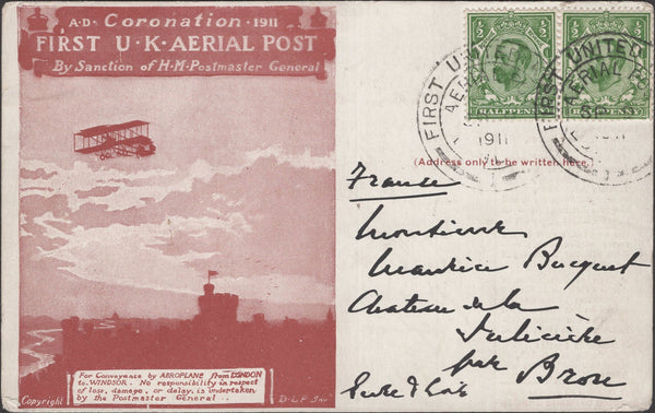 141316 1911 FIRST U.K. AERIAL POST LONDON POSTCARD IN RED-BROWN TO FRANCE.