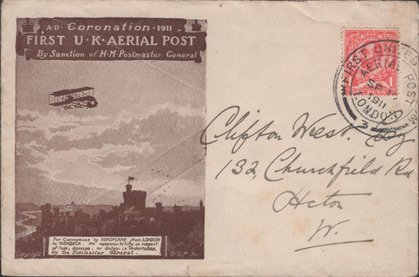 141319 1911 FIRST U.K. AERIAL POST LONDON EMERGENCY ENVELOPE IN DARK BROWN TO ACTON.