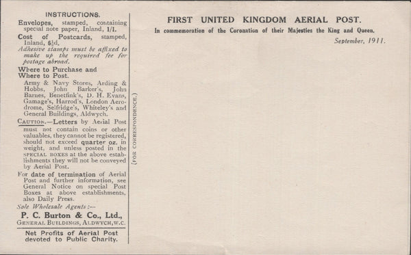 141319 1911 FIRST U.K. AERIAL POST LONDON EMERGENCY ENVELOPE IN DARK BROWN TO ACTON.