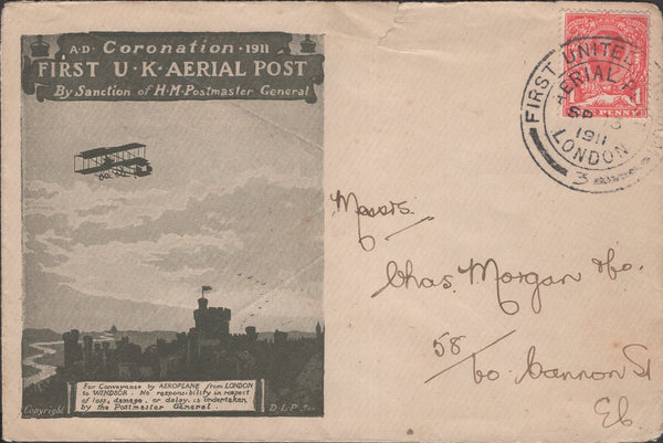 141320 1911 FIRST U.K. AERIAL POST LONDON EMERGENCY ENVELOPE IN OLIVE-GREEN TO LONDON.