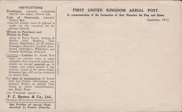 141320 1911 FIRST U.K. AERIAL POST LONDON EMERGENCY ENVELOPE IN OLIVE-GREEN TO LONDON.