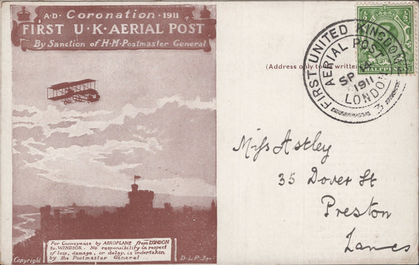 141323 1911 FIRST U.K. AERIAL POST THREE LONDON REPRINT POSTCARDS IN BROWN TO SAME ADDRESSEE IN PRESTON WITH COMMENTS ON THE WEATHER.