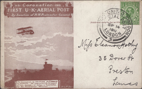 141323 1911 FIRST U.K. AERIAL POST THREE LONDON REPRINT POSTCARDS IN BROWN TO SAME ADDRESSEE IN PRESTON WITH COMMENTS ON THE WEATHER.