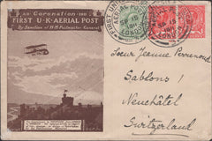 141327 1911 FIRST U.K. AERIAL  POST LONDON EMERGENCY ENVELOPE IN DARK BROWN TO SWITZERLAND WITH KING EDWARD VII AND KING GEORGE V ISSUES.
