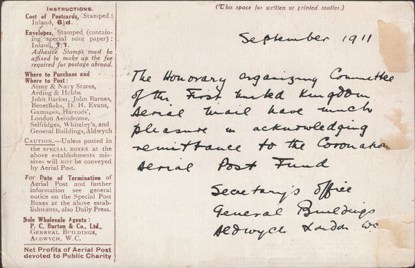 141328  1911 FIRST U.K. AERIAL POST LONDON REPRINT POSTCARD IN BROWN TO CHRISTCHURCH, NEW ZEALAND.
