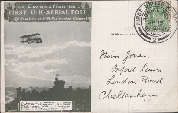 141329 1911 FIRST U.K. AERIAL POST LONDON POSTCARD REPRINT IN OLIVE- GREEN FROM WINDOR TO CHELTENHAM.