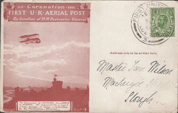 141333 1911 FIRST U.K. AERIAL POST LONDON POSTCARD IN RED-BROWN TO SLOUGH.