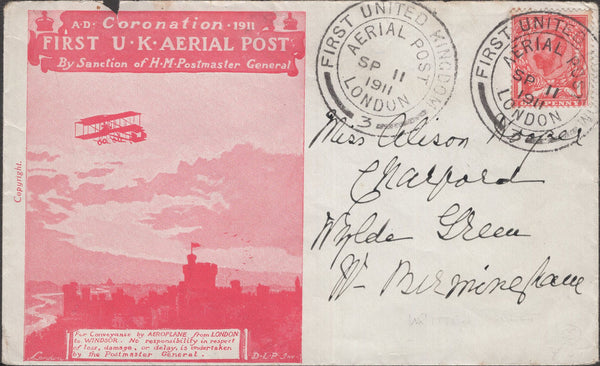 141334 1911 FIRST U.K. AERIAL POST LONDON ENVELOPE IN RED TO WYLDE GREEN, BIRMINGHAM.