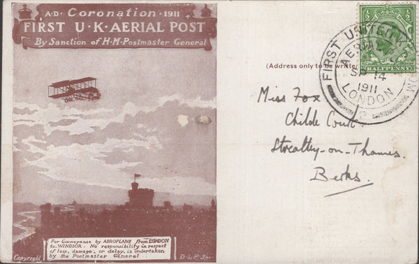 141335 1911 FIRST U.K. AERIAL POST LONDON POSTCARD IN BROWN TO STREATLEY ON THAMES, BERKS.
