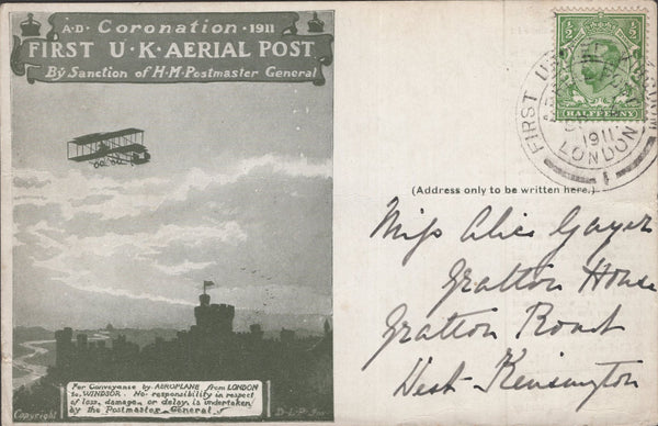 141336 1911 FIRST U.K. AERIAL POST LONDON POSTCARD IN OLIVE-GREEN TO WEST KENSINGTON.