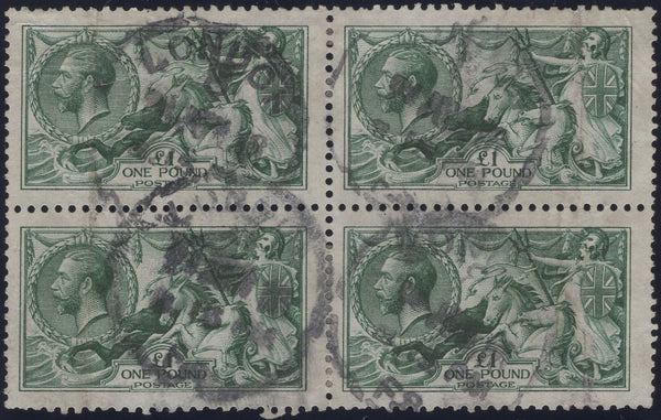 141337 1913 £1 SEAHORSE BLUE-GREEN (SG404) GOOD USED BLOCK OF FOUR.