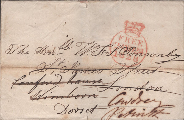 141339 1828 FREE MAIL TO LONDON REDIRECTED TO WIMBORNE AND PETWORTH WITH 'WIMBORNE' UDC (DT722).