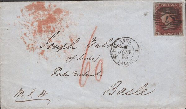 141341 1853 MAIL LONDON TO A POSTE RESTANTE IN BASLE, SWITZERLAND WITH 1D RED (SG8).