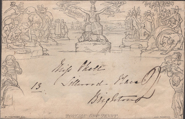 141343 CIRCA 1840-41 1D MULREADY FRONT TO BRIGHTON, POSTED UNPAID, BRITANNIA UNCANCELLED AND CHARGED '2'.