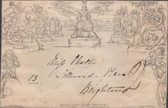141343 CIRCA 1840-41 1D MULREADY FRONT TO BRIGHTON, POSTED UNPAID, BRITANNIA UNCANCELLED AND CHARGED '2'.