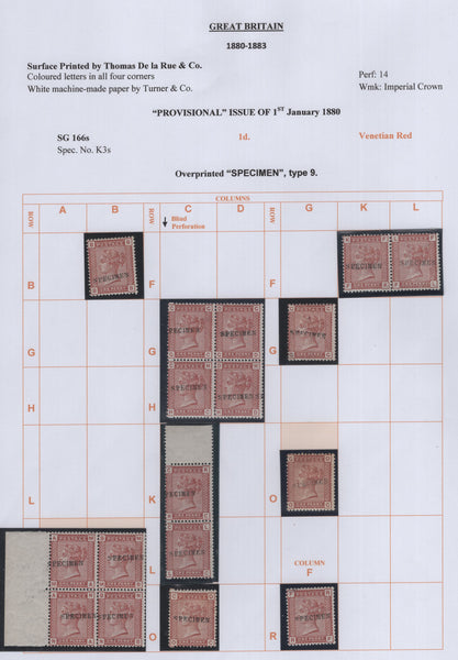 141345 COLLECTION 1881 1D VENETIAN RED (SG166) INCLUDING 12 IMPRIMATURS, 'SPECIMEN' OVERPRINTS, DIE PROOF AND PLATE RECONSTRUCTION.