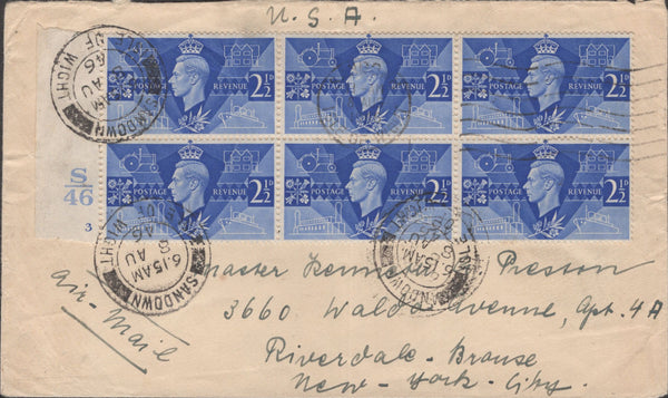 141349 1946 AIRMAIL SANDOWN, ISLE OF WIGHT TO U.S.A. WITH 2 1/2D PEACE ISSUE (SG491) X 6 WITH CYLINDER NUMBER.