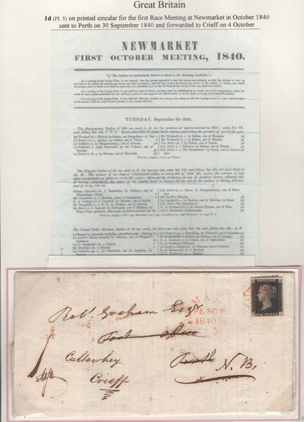 141350 1840 SUPERB PRINTED MATTER 'NEWMARKET/FIRST OCTOBER MEETING, 1840' NEWMARKET  TO PERTH, REDIRECTED TO CRIEFF WITH 1D BLACK (SG2) PL.5.