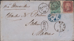141351 1868 MAIL BATH TO MADRAS WITH 1S GREEN PL.4 (SG117) AND 1D PL.106 (SG43).