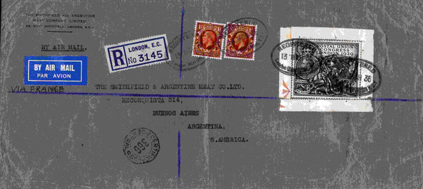 141353 1936 LARGE ENVELOPE SENT REGISTERED AIR MAIL LONDON TO ARGENTINA WITH KGV 1 1/2D X2 AND £1 P.U.C. (SG438).