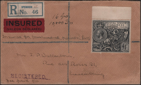141354 1929 REGISTERED INSURED MAIL IPSWICH TO LUXEMBOURG WITH £1  P.U.C. (SG438).
