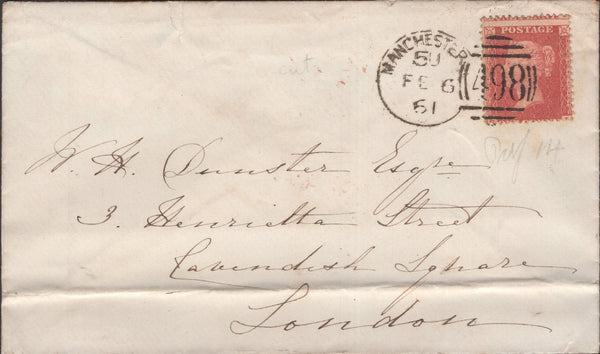 141360 1861 MAIL MANCHESTER TO LONDON DIE 2 1 D (SG40) 'MANCHESTER/498' SPOON TYPE 'D5a' FIRST RECUT (RA91).