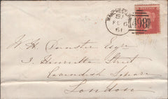 141360 1861 MAIL MANCHESTER TO LONDON DIE 2 1 D (SG40) 'MANCHESTER/498' SPOON TYPE 'D5a' FIRST RECUT (RA91).