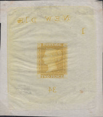 141369 1871 2D BLUE DIE PROOF CHROME-YELLOW ON THIN WHITE WOVE PAPER ENDORSED 'NEW DIE/34' (SPEC DP46b).